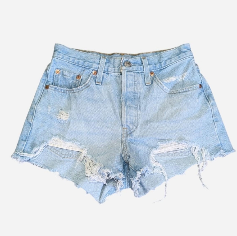 Levi's 501 denim jean shorts High rise cut off Blue Button closure Size 26